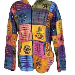 Rising International Patchwork Women's Jacket Boho Hippie Cotton Colorful Art M